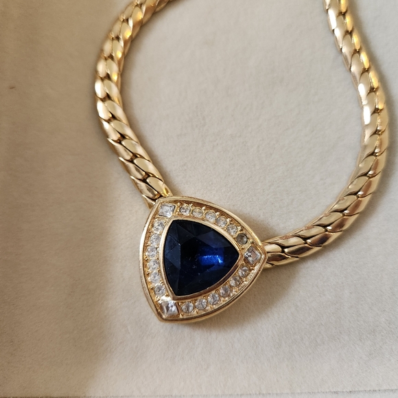 CHRISTIAN DIOR VINTAGE SNAKE CHAIN BLUE CRYSTAL CENTERPIECE CHOKER AND EARRINGS - Picture 2 of 7